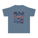 The Best Part Is Who You Go With Youth Tee – Kids' Comfort Colors Family Travel Shirt in Blue Jean – flat lay