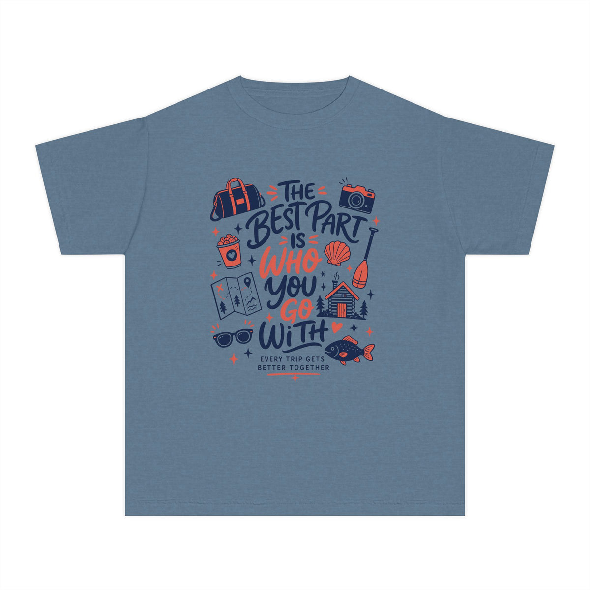 The Best Part Is Who You Go With Youth Tee – Kids' Comfort Colors Family Travel Shirt in Blue Jean – flat lay