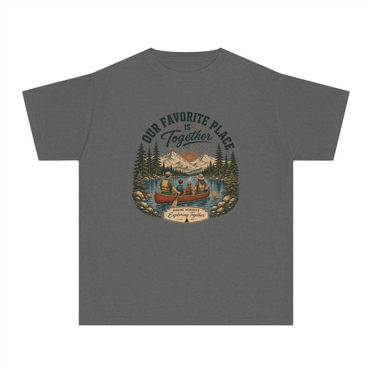 Our Favorite Place Is Together Youth Tee – Kids' Comfort Colors Family Adventure Shirt in Pepper – flat lay