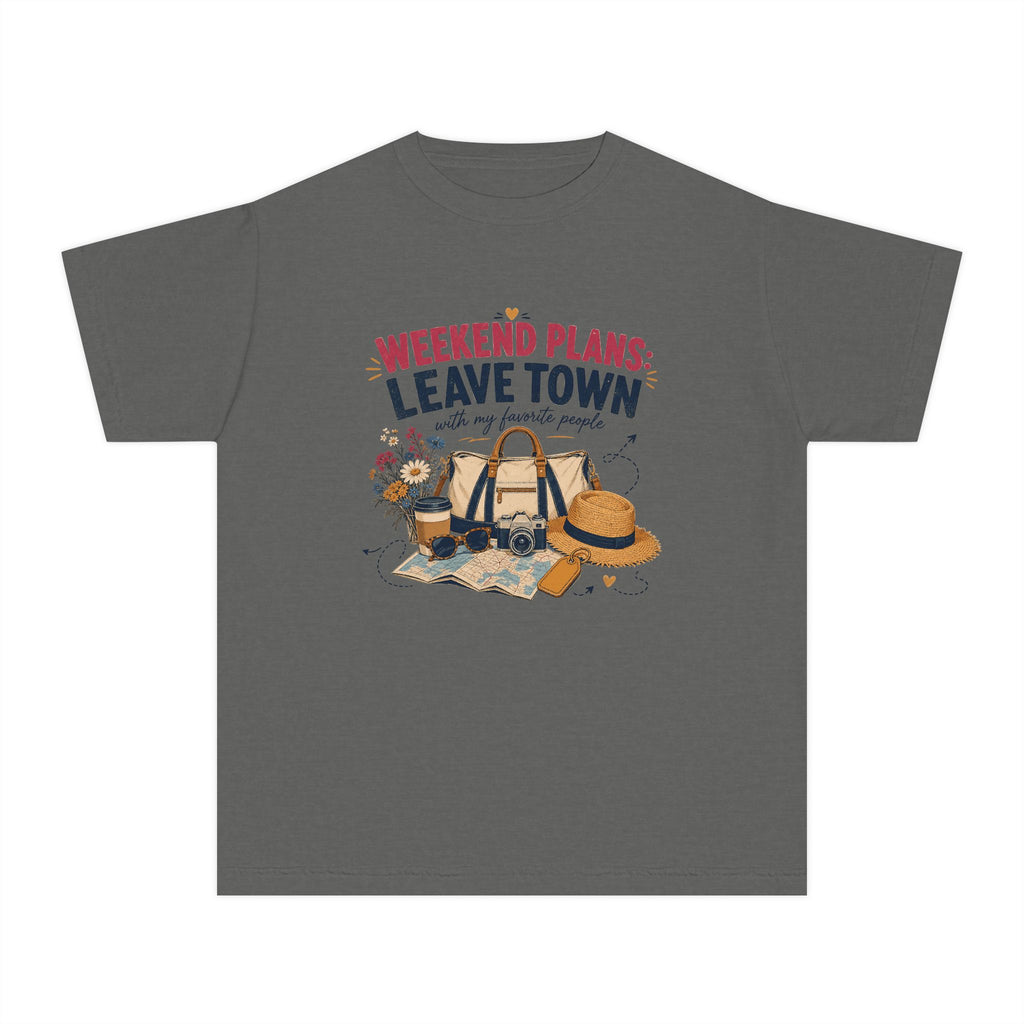 Weekend Plans Leave Town Youth Tee – Kids' Comfort Colors Family Travel Shirt in Pepper – flat lay