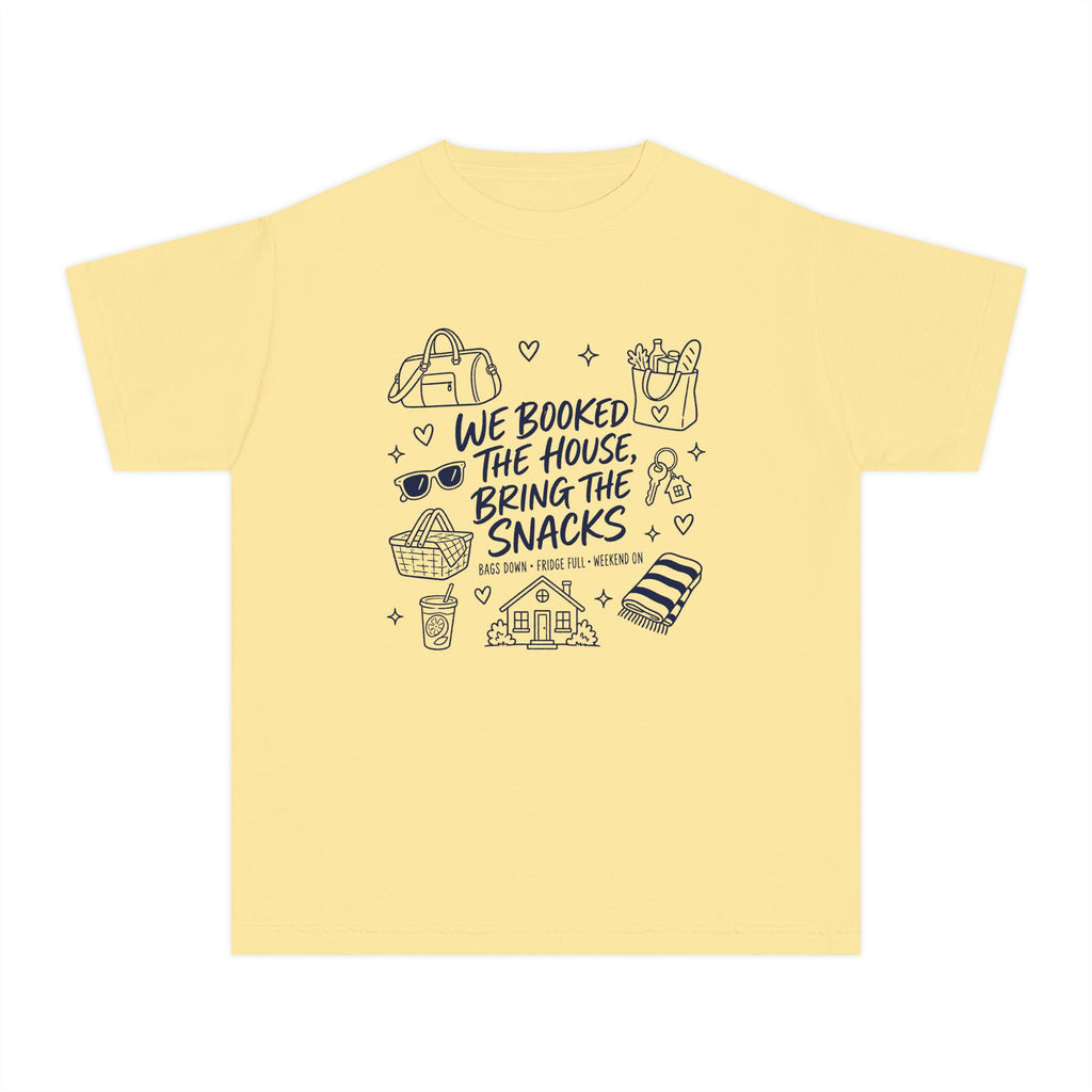 We Booked the House Bring the Snacks Youth Tee – Kids' Comfort Colors Family Getaway Shirt in Butter – flat lay