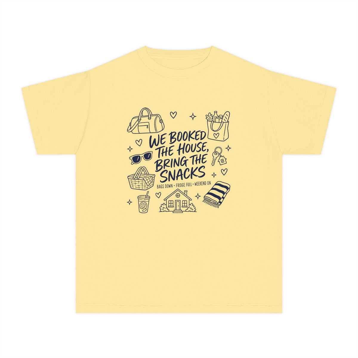 We Booked the House Bring the Snacks Youth Tee – Kids' Comfort Colors Family Getaway Shirt in Butter – flat lay