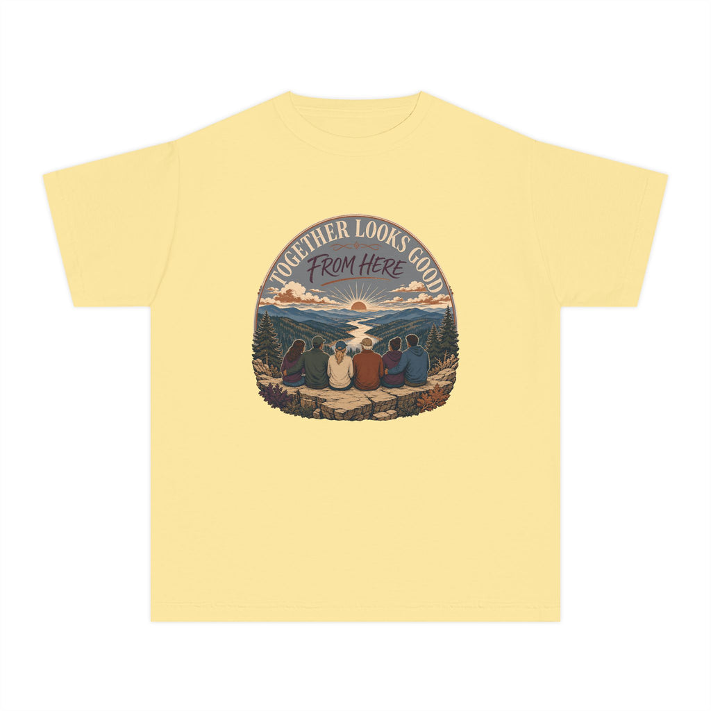 Together Looks Good From Here Youth Tee – Kids' Comfort Colors Scenic Overlook Shirt in Butter – flat lay