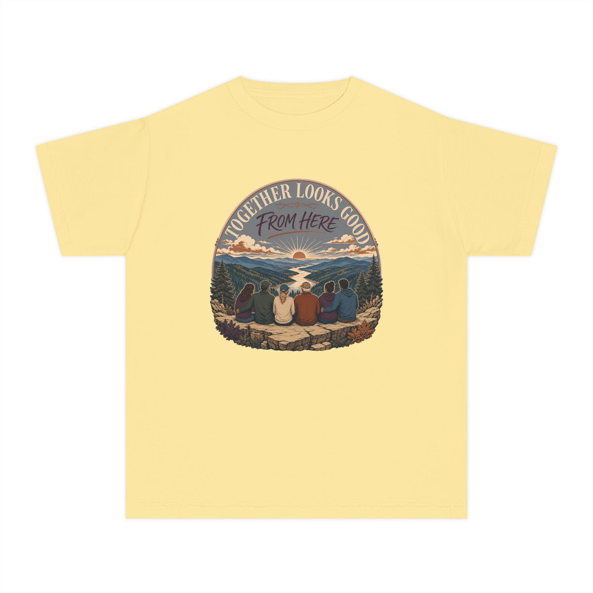 Together Looks Good From Here Youth Tee – Kids' Comfort Colors Scenic Overlook Shirt in Butter – flat lay