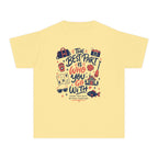 The Best Part Is Who You Go With Youth Tee – Kids' Comfort Colors Family Travel Shirt in Butter – flat lay