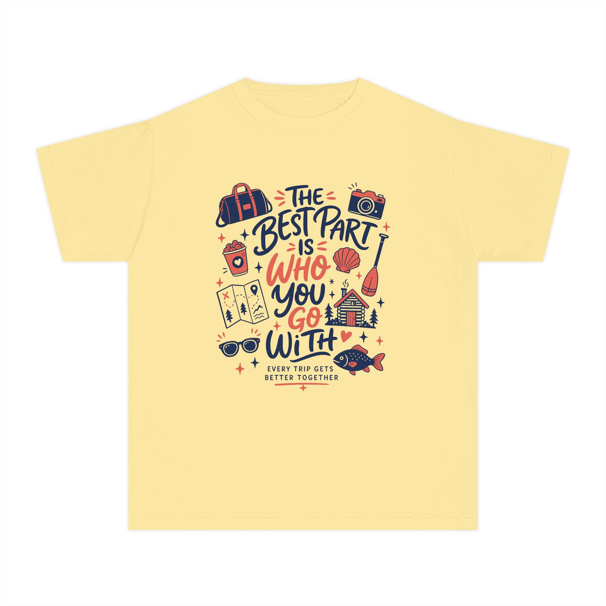 The Best Part Is Who You Go With Youth Tee – Kids' Comfort Colors Family Travel Shirt in Butter – flat lay
