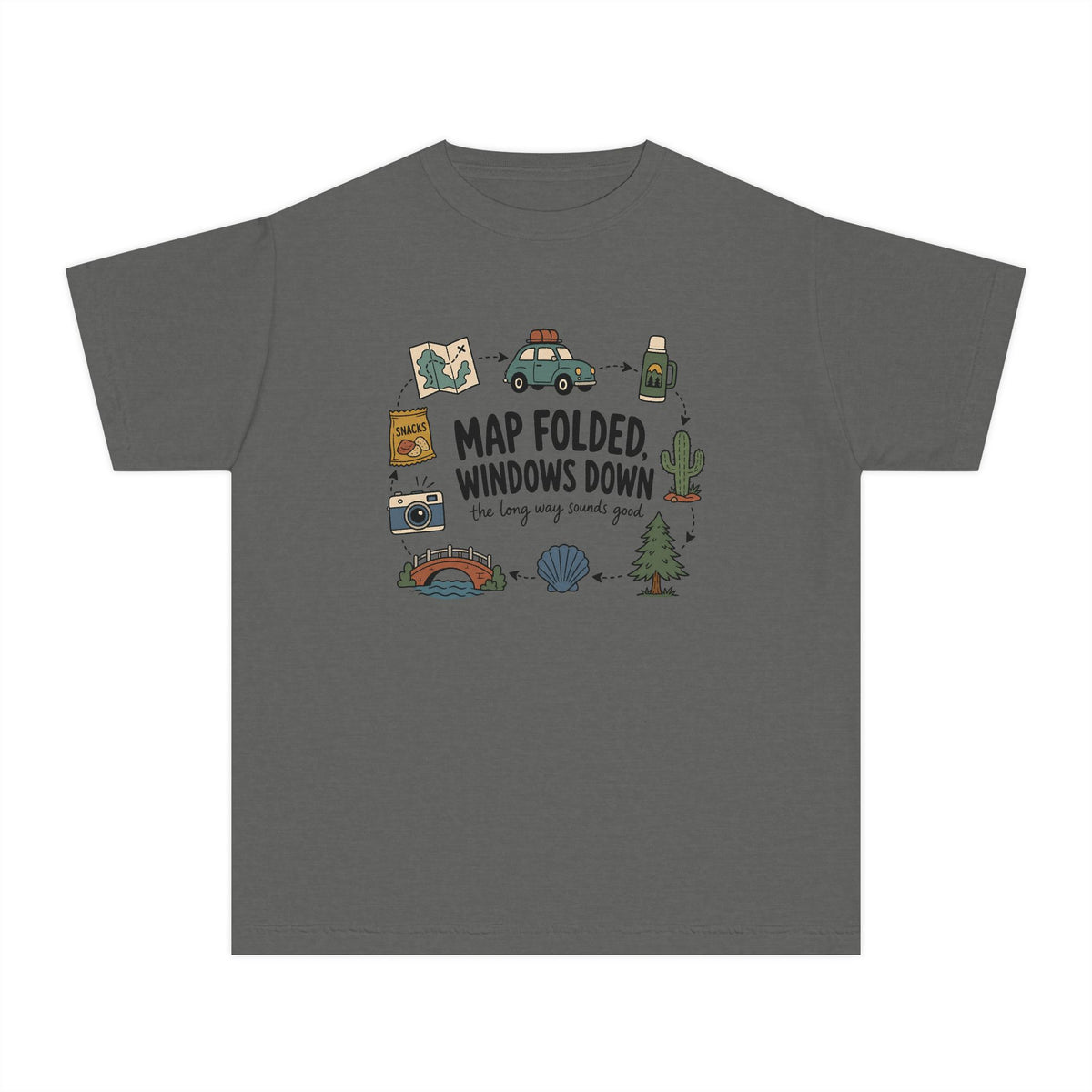 Map Folded Windows Down Youth Tee – Kids' Comfort Colors Road Trip Shirt in Pepper – flat lay