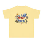 The Family Travel Department Youth Tee – Kids' Comfort Colors Road Trip Shirt in Butter – flat lay