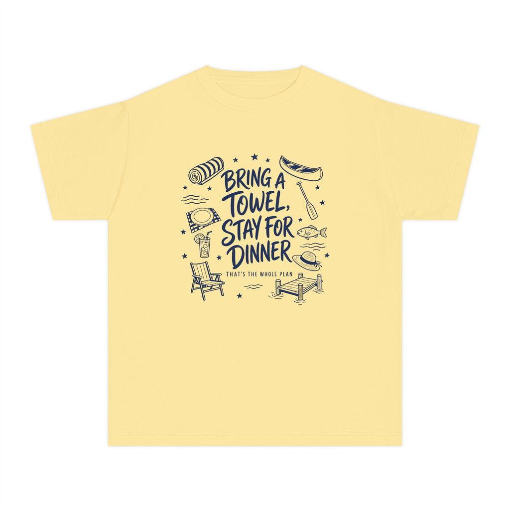 Bring a Towel Stay for Dinner Youth Tee – Kids' Comfort Colors Lake Vacation Shirt in Butter – flat lay
