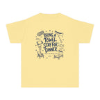 Bring a Towel Stay for Dinner Youth Tee – Kids' Comfort Colors Lake Vacation Shirt in Butter – flat lay