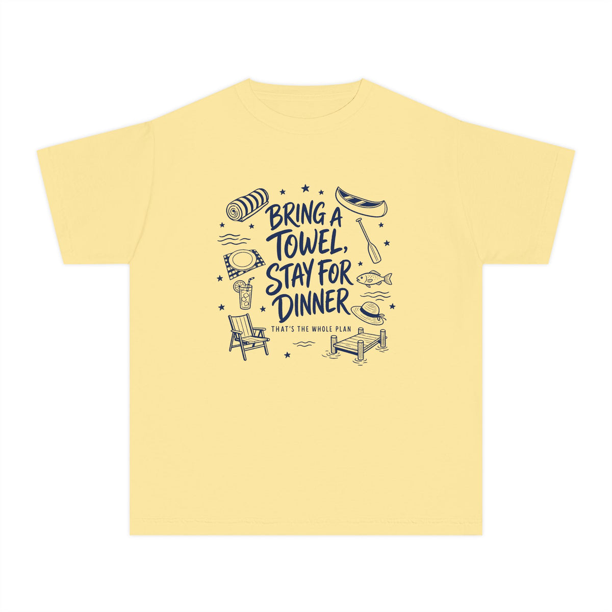 Bring a Towel Stay for Dinner Youth Tee – Kids' Comfort Colors Lake Vacation Shirt in Butter – flat lay