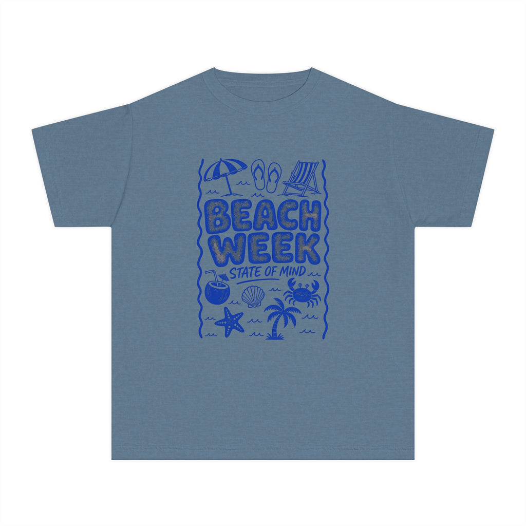 Beach Week State of Mind Youth Tee – Kids' Comfort Colors Beach Vacation Shirt in Blue Jean – flat lay