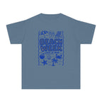 Beach Week State of Mind Youth Tee – Kids' Comfort Colors Beach Vacation Shirt in Blue Jean – flat lay