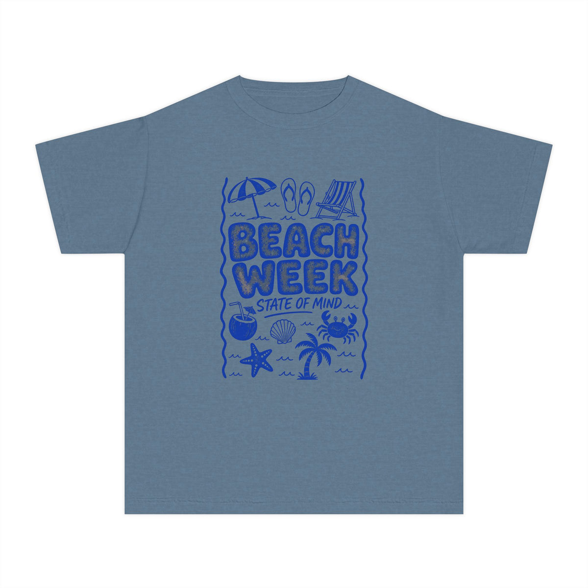 Beach Week State of Mind Youth Tee – Kids' Comfort Colors Beach Vacation Shirt in Blue Jean – flat lay