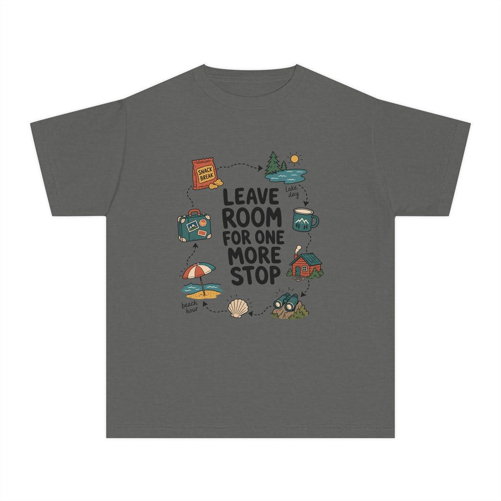 Leave Room for One More Stop Youth Tee – Kids' Comfort Colors Road Trip Shirt in Pepper – flat lay