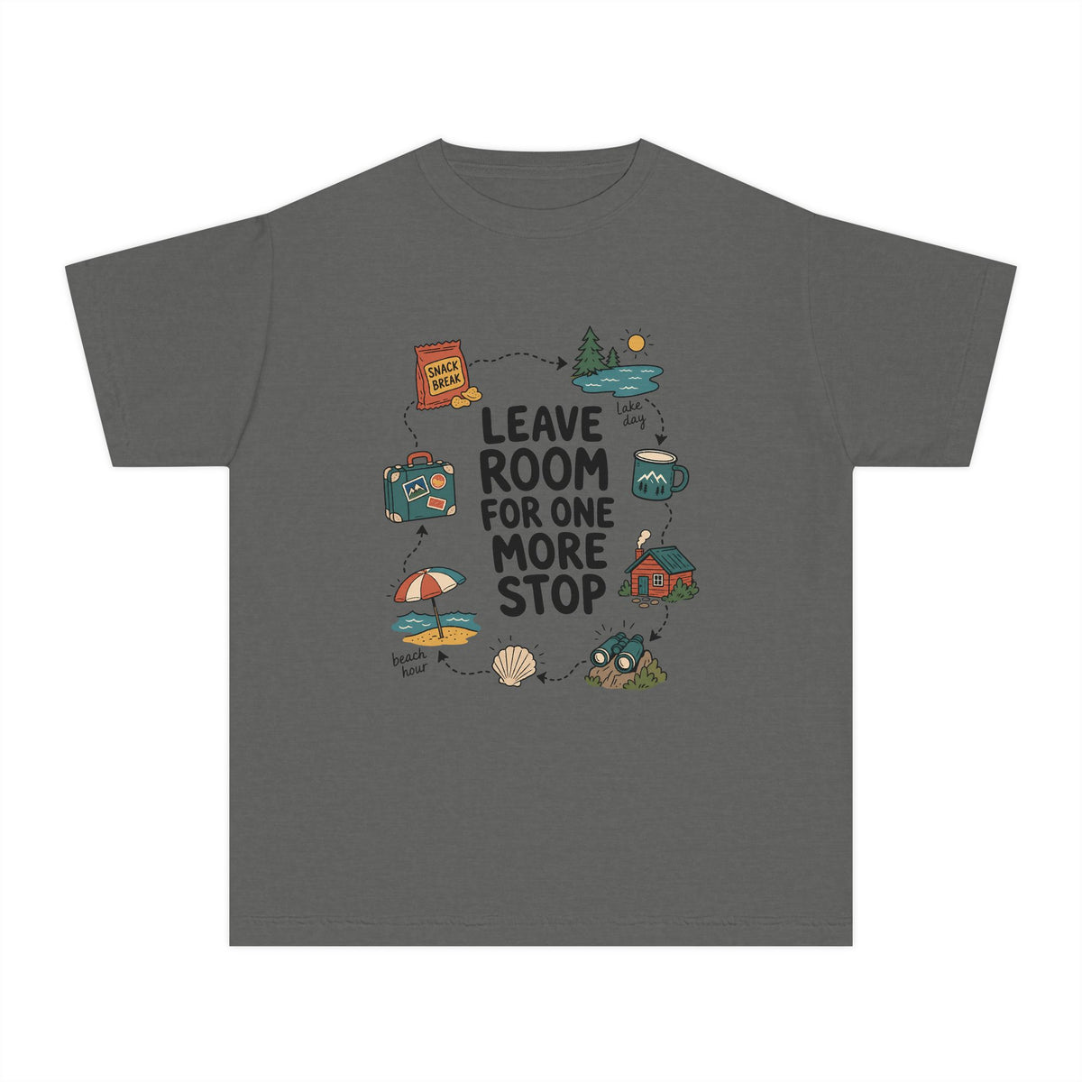 Leave Room for One More Stop Youth Tee – Kids' Comfort Colors Road Trip Shirt in Pepper – flat lay