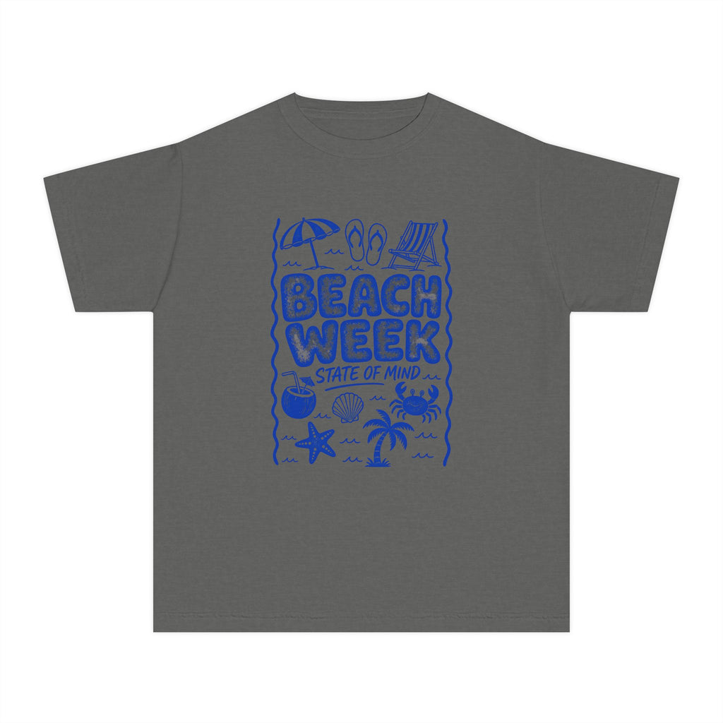 Beach Week State of Mind Youth Tee – Kids' Comfort Colors Beach Vacation Shirt in Pepper – flat lay