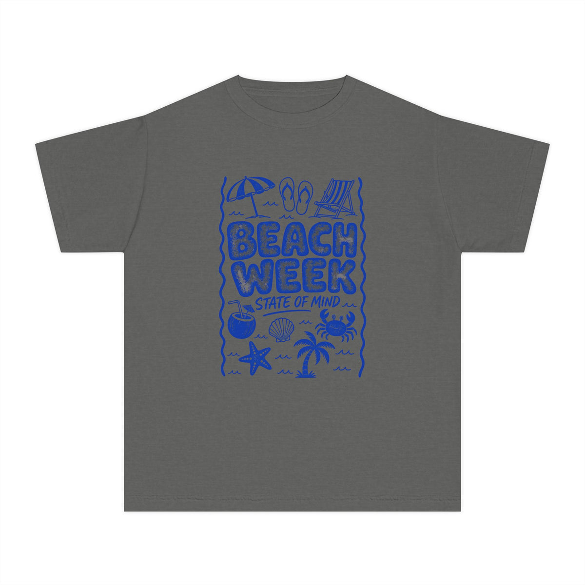 Beach Week State of Mind Youth Tee – Kids' Comfort Colors Beach Vacation Shirt in Pepper – flat lay