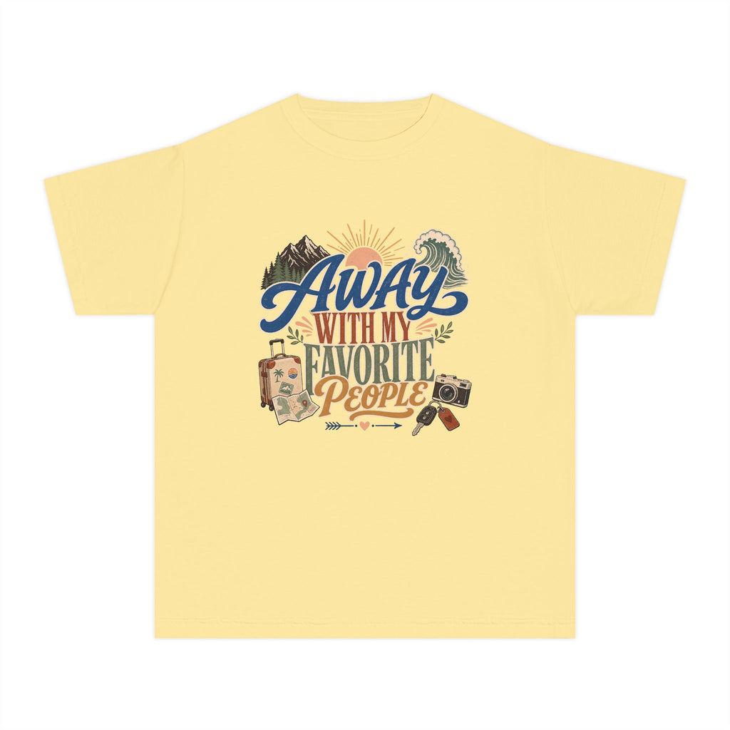 Away with My Favorite People Youth Tee – Kids' Comfort Colors Family Travel Shirt in Butter – flat lay