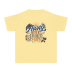 Away with My Favorite People Youth Tee – Kids' Comfort Colors Family Travel Shirt in Butter – flat lay