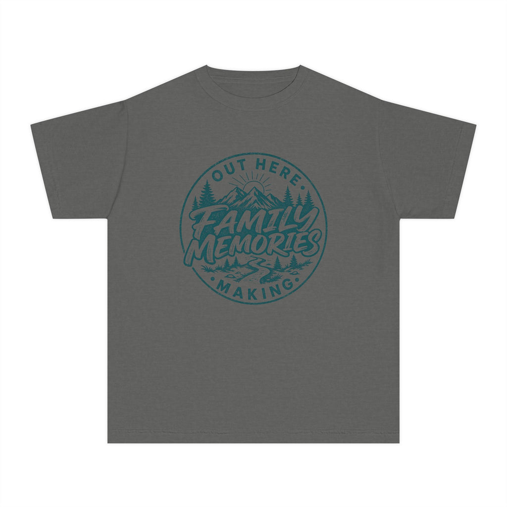 Out Here Making Family Memories Youth Tee – Kids' Comfort Colors Mountain Adventure Shirt in Pepper – flat lay