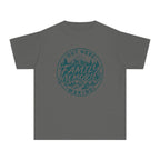 Out Here Making Family Memories Youth Tee – Kids' Comfort Colors Mountain Adventure Shirt in Pepper – flat lay