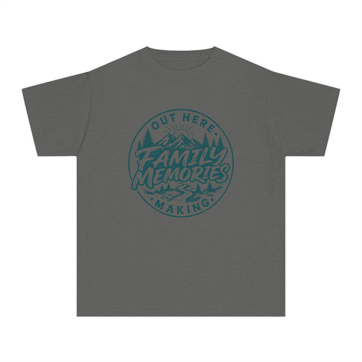 Out Here Making Family Memories Youth Tee – Kids' Comfort Colors Mountain Adventure Shirt in Pepper – flat lay
