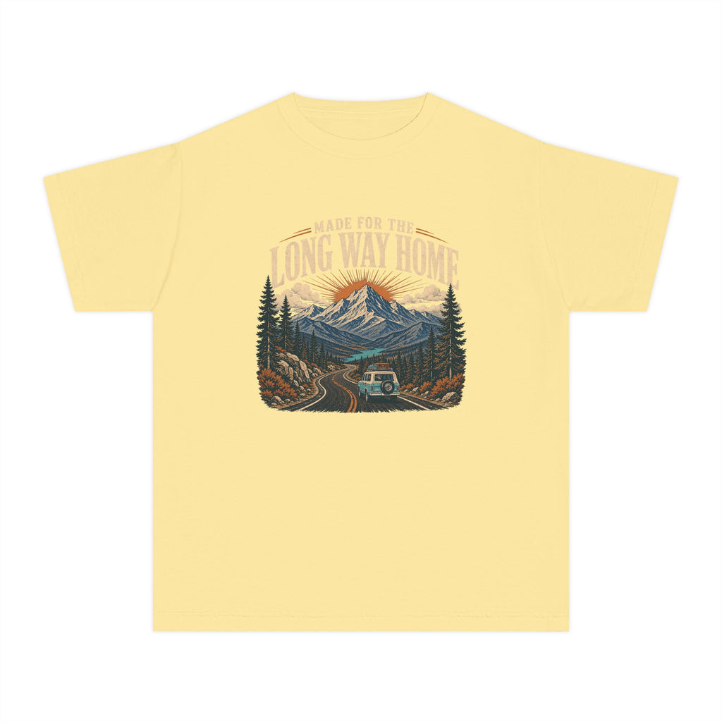 Made for the Long Way Home Youth Tee – Kids' Comfort Colors Scenic Road Trip Shirt in Butter – flat lay