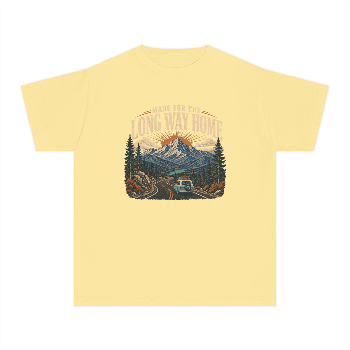 Made for the Long Way Home Youth Tee – Kids' Comfort Colors Scenic Road Trip Shirt in Butter – flat lay