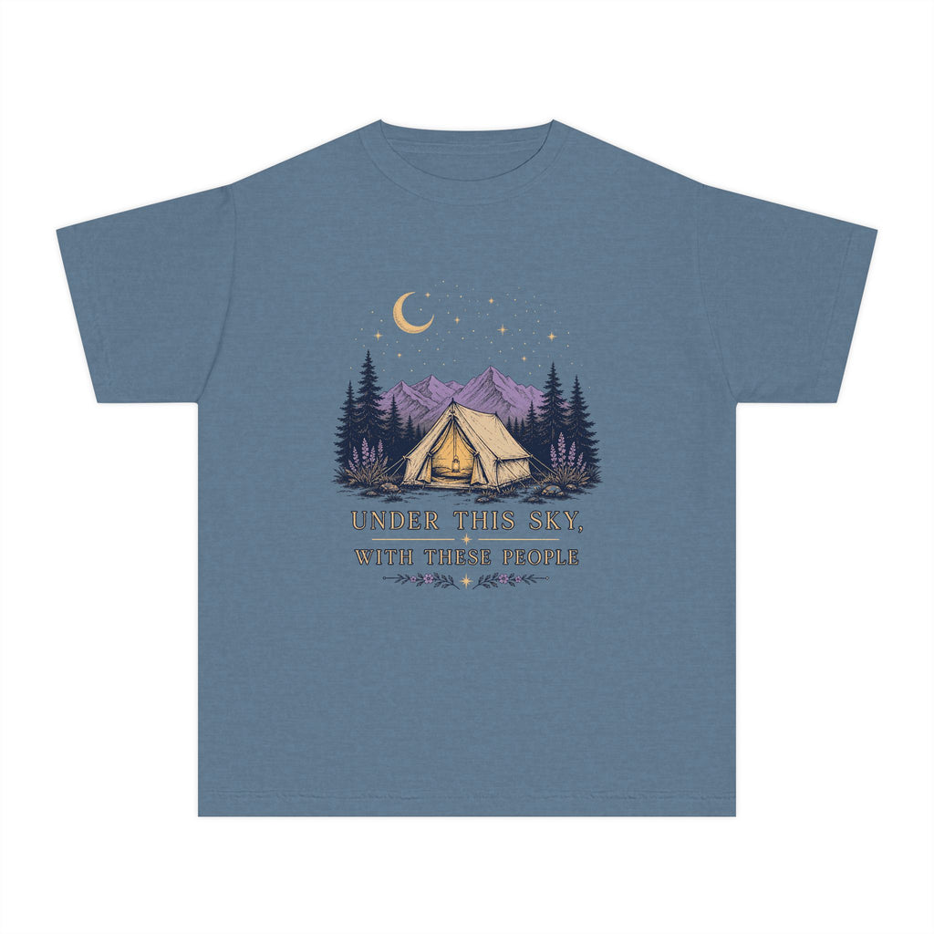 Under This Sky With These People Youth Tee – Kids' Comfort Colors Camping Shirt in Blue Jean – flat lay