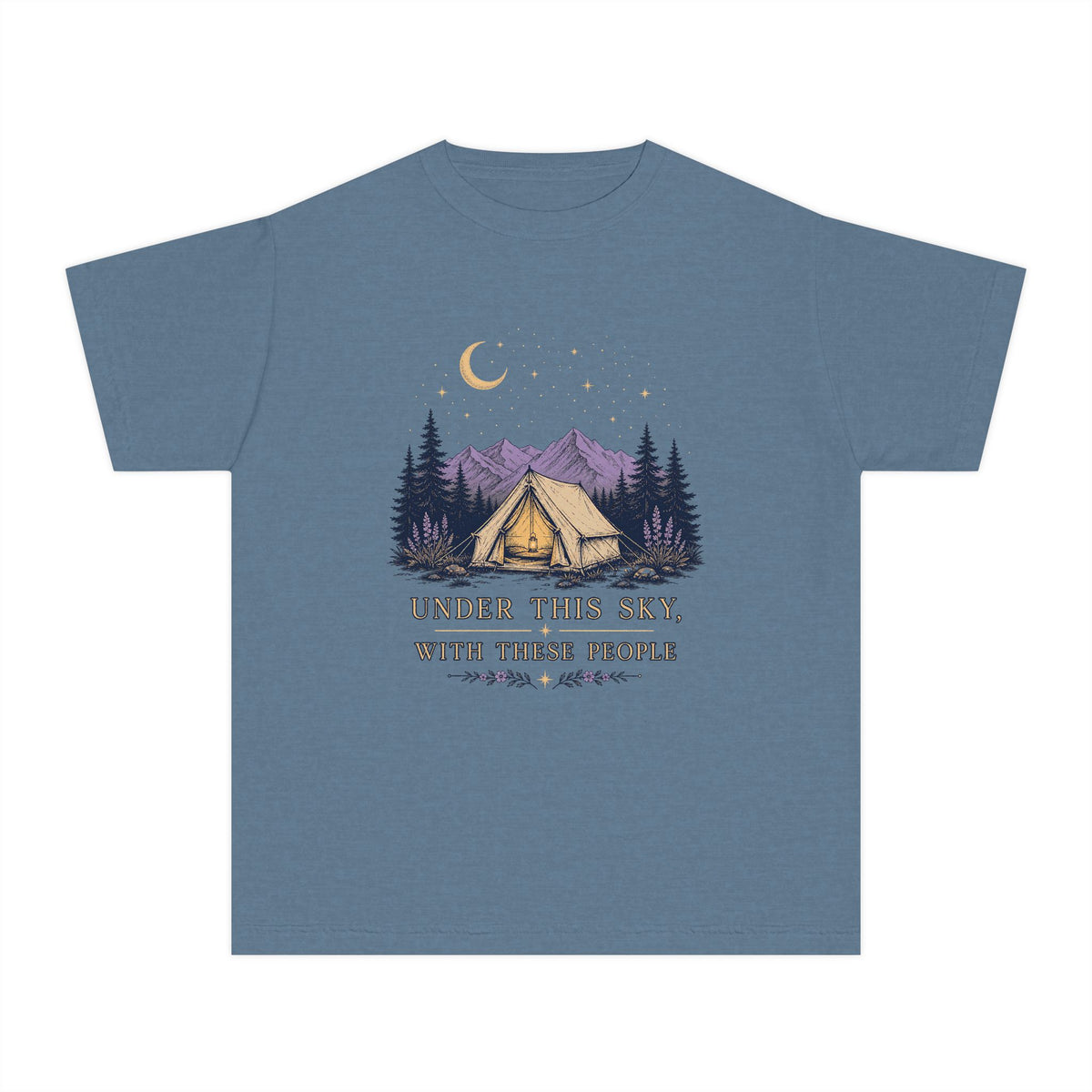 Under This Sky With These People Youth Tee – Kids' Comfort Colors Camping Shirt in Blue Jean – flat lay