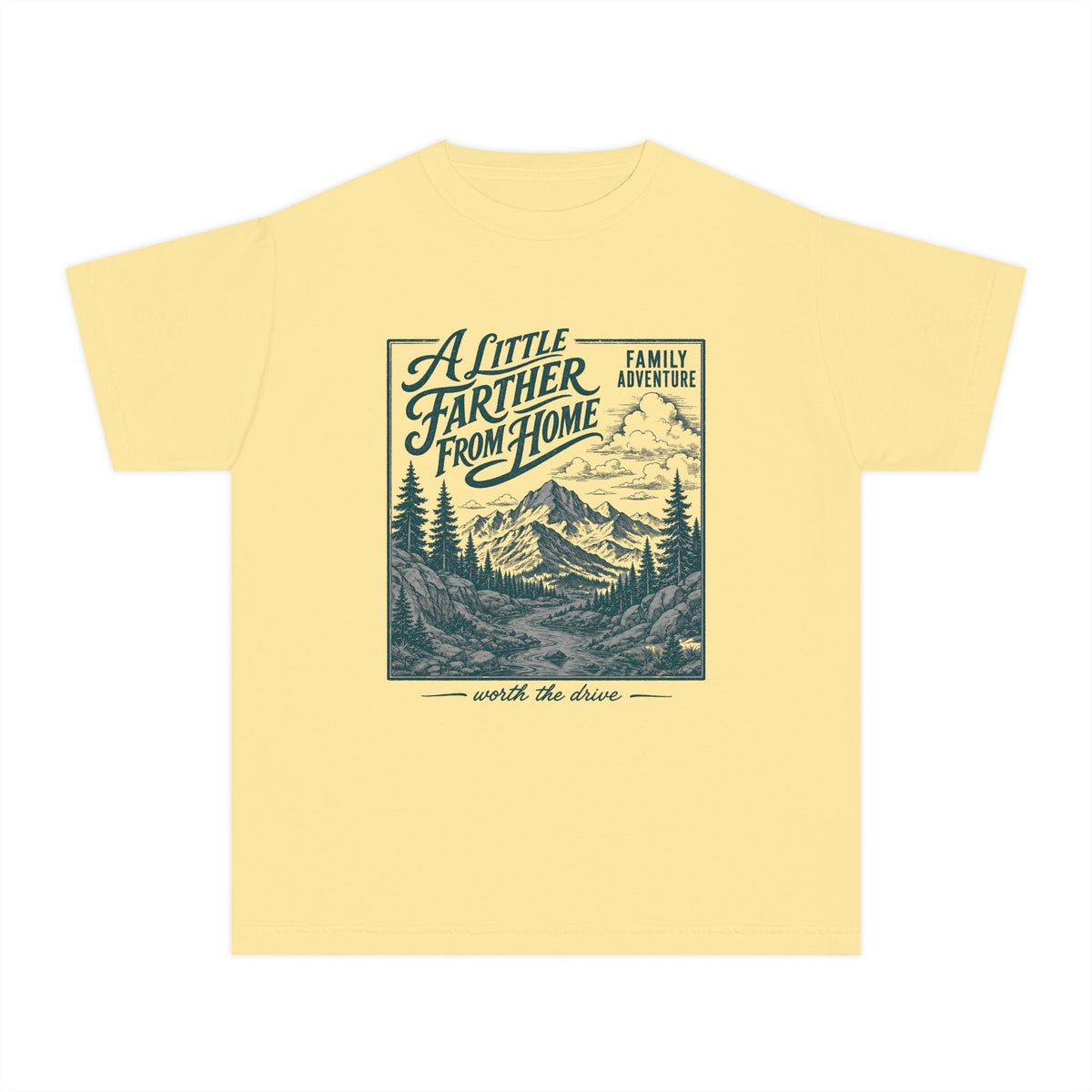 A Little Farther from Home Family Adventure Youth Tee – Kids' Comfort Colors Road Trip Shirt in Butter – flat lay
