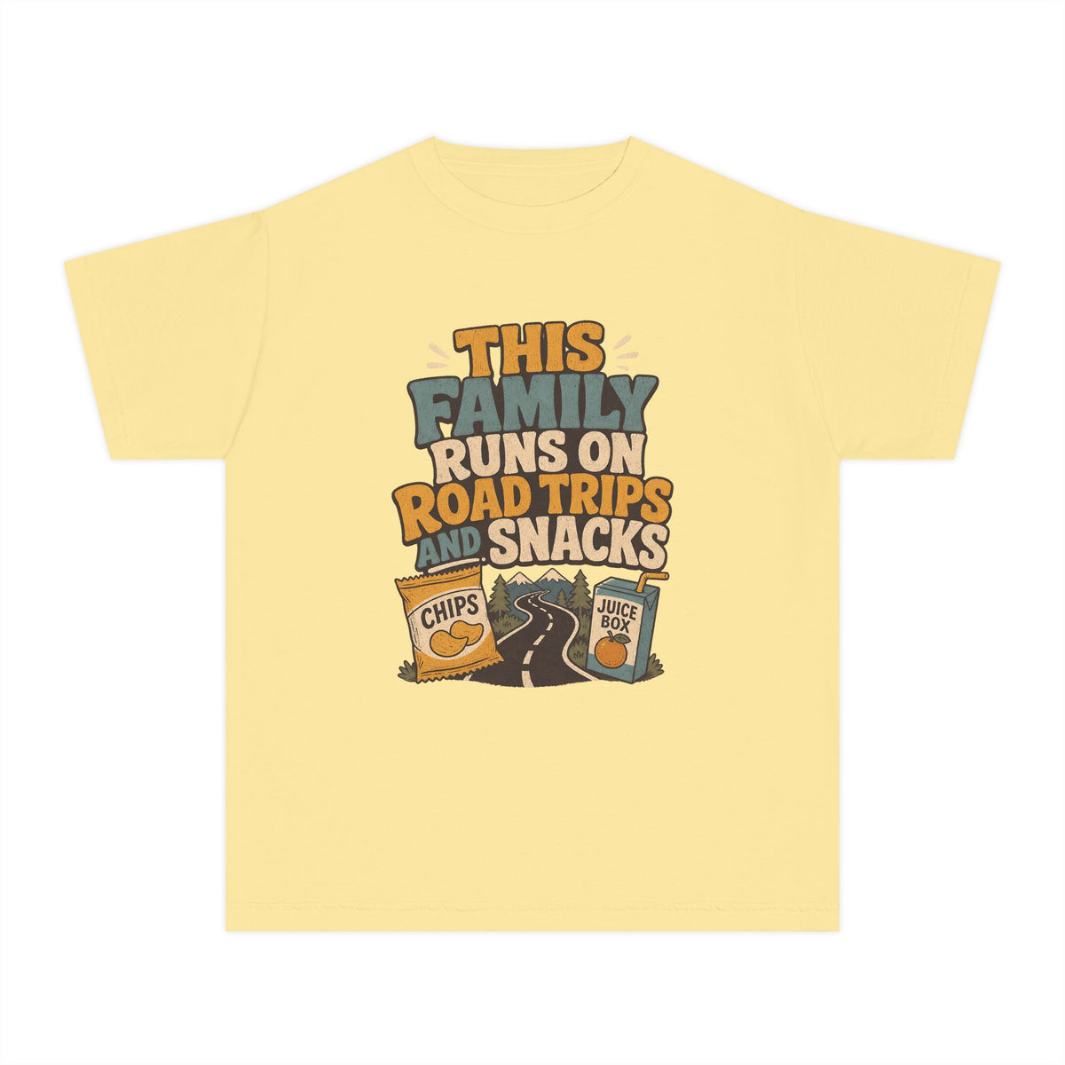 Road Trips and Snacks Youth Tee – Kids' Comfort Colors Family Travel Shirt in Butter – flat lay