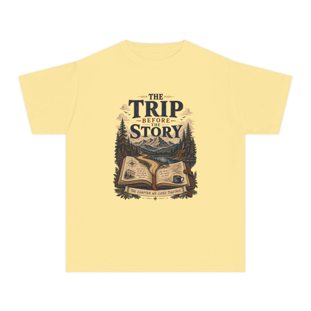The Trip Before the Story Youth Tee – Kids' Comfort Colors Travel Shirt in Butter – flat lay