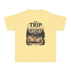 The Trip Before the Story Youth Tee – Kids' Comfort Colors Travel Shirt in Butter – flat lay