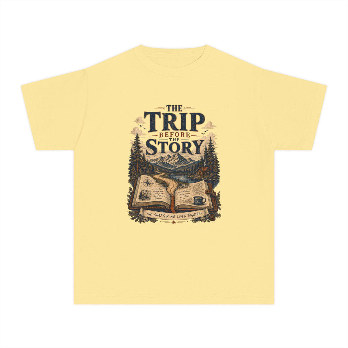 The Trip Before the Story Youth Tee – Kids' Comfort Colors Travel Shirt in Butter – flat lay