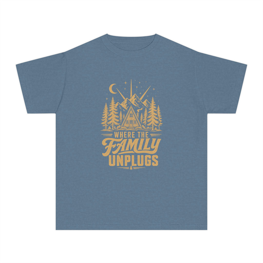 Where the Family Unplugs Cabin Youth Tee – Kids' Comfort Colors Cabin Weekend Shirt in Blue Jean – flat lay