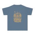 Where the Family Unplugs Cabin Youth Tee – Kids' Comfort Colors Cabin Weekend Shirt in Blue Jean – flat lay