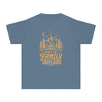 Where the Family Unplugs Cabin Youth Tee – Kids' Comfort Colors Cabin Weekend Shirt in Blue Jean – flat lay