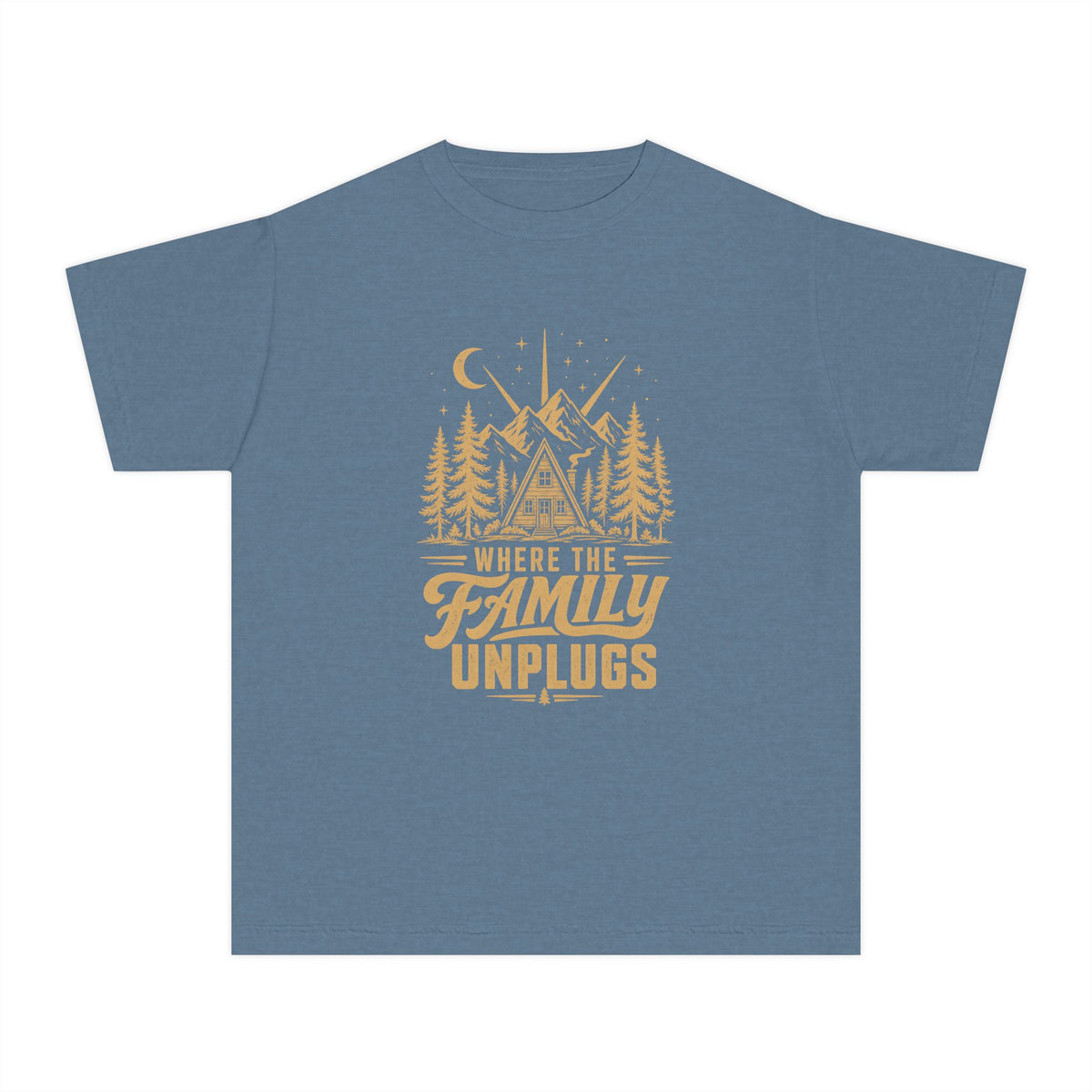 Where the Family Unplugs Cabin Youth Tee – Kids' Comfort Colors Cabin Weekend Shirt in Blue Jean – flat lay