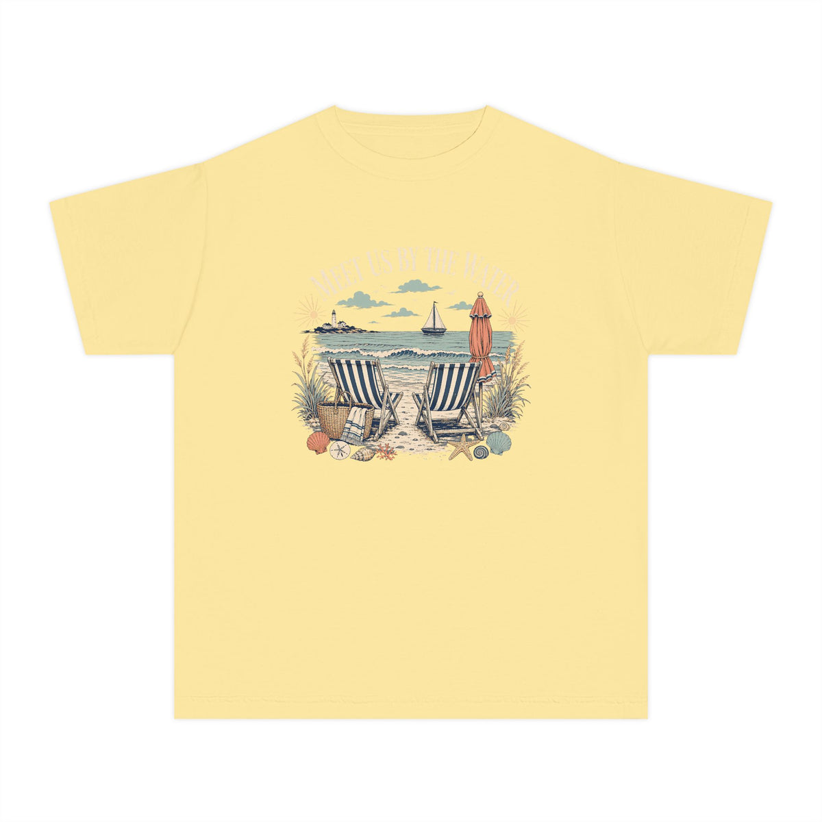 Meet Us By The Water Youth Tee – Kids' Comfort Colors Coastal Vacation Shirt in Butter – flat lay