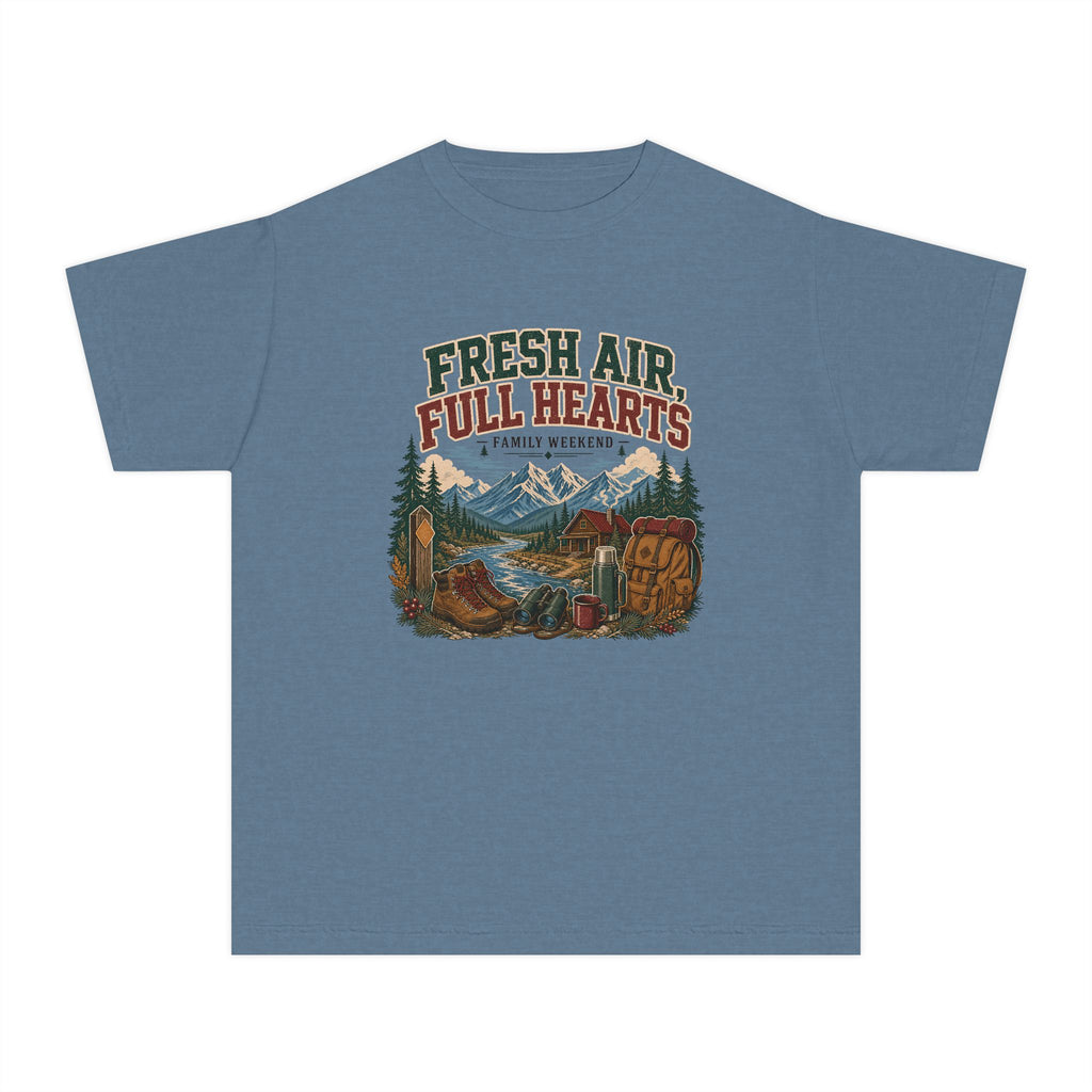 Fresh Air Full Hearts Youth Tee – Kids' Comfort Colors Cabin Weekend Shirt in Blue Jean – flat lay