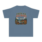 Fresh Air Full Hearts Youth Tee – Kids' Comfort Colors Cabin Weekend Shirt in Blue Jean – flat lay