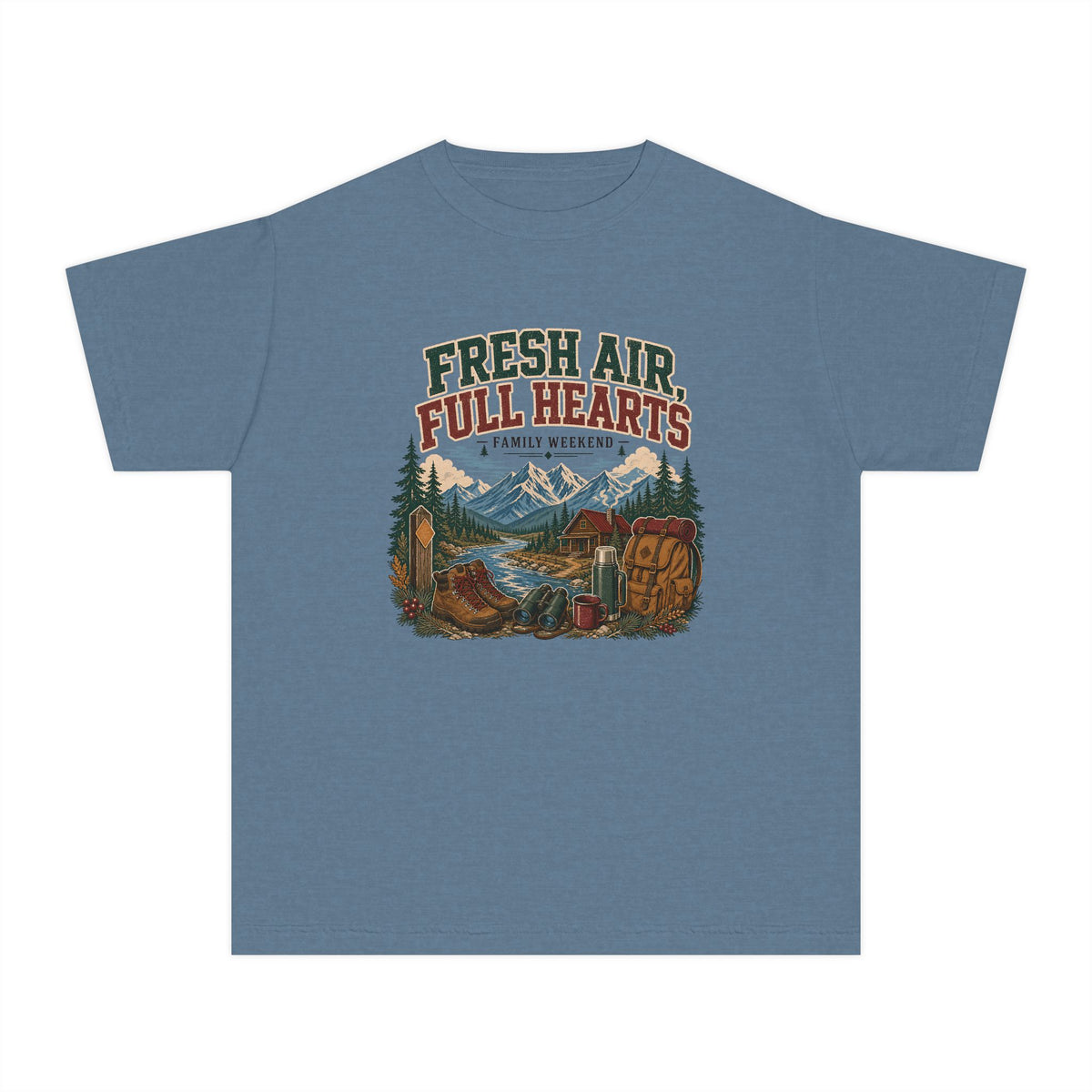 Fresh Air Full Hearts Youth Tee – Kids' Comfort Colors Cabin Weekend Shirt in Blue Jean – flat lay