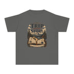 The Trip Before the Story Youth Tee – Kids' Comfort Colors Travel Shirt in Pepper – flat lay