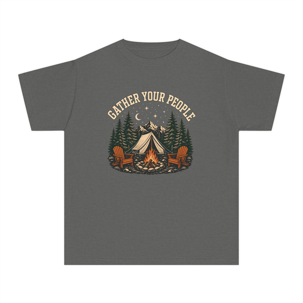 Gather Your People Youth Tee – Kids' Comfort Colors Camping Adventure Shirt in Pepper – flat lay
