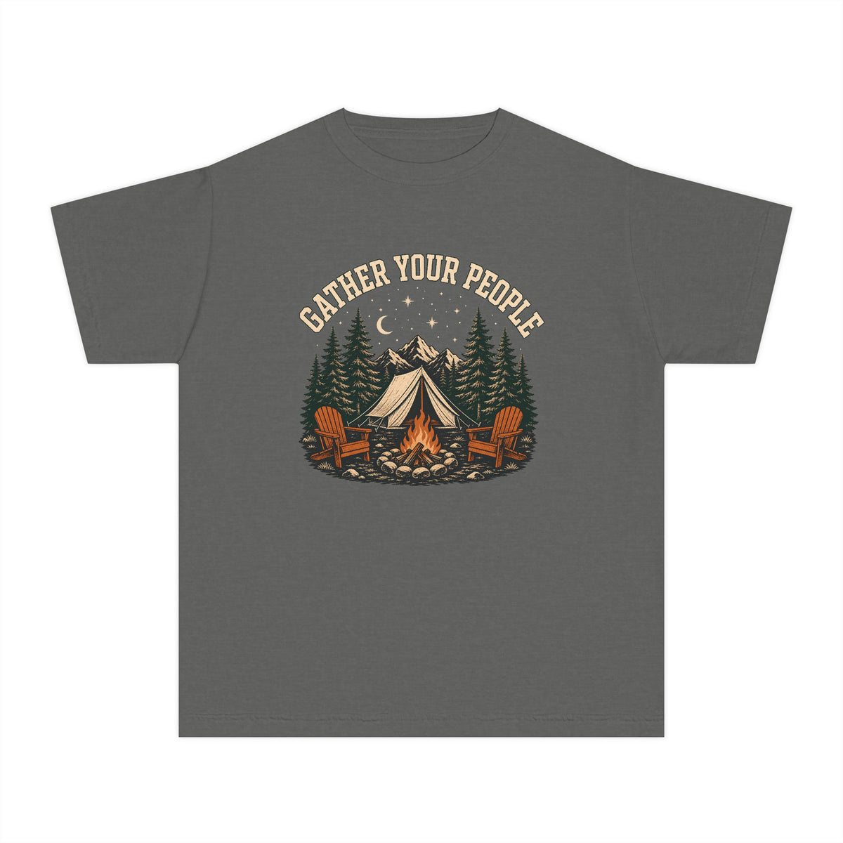 Gather Your People Youth Tee – Kids' Comfort Colors Camping Adventure Shirt in Pepper – flat lay