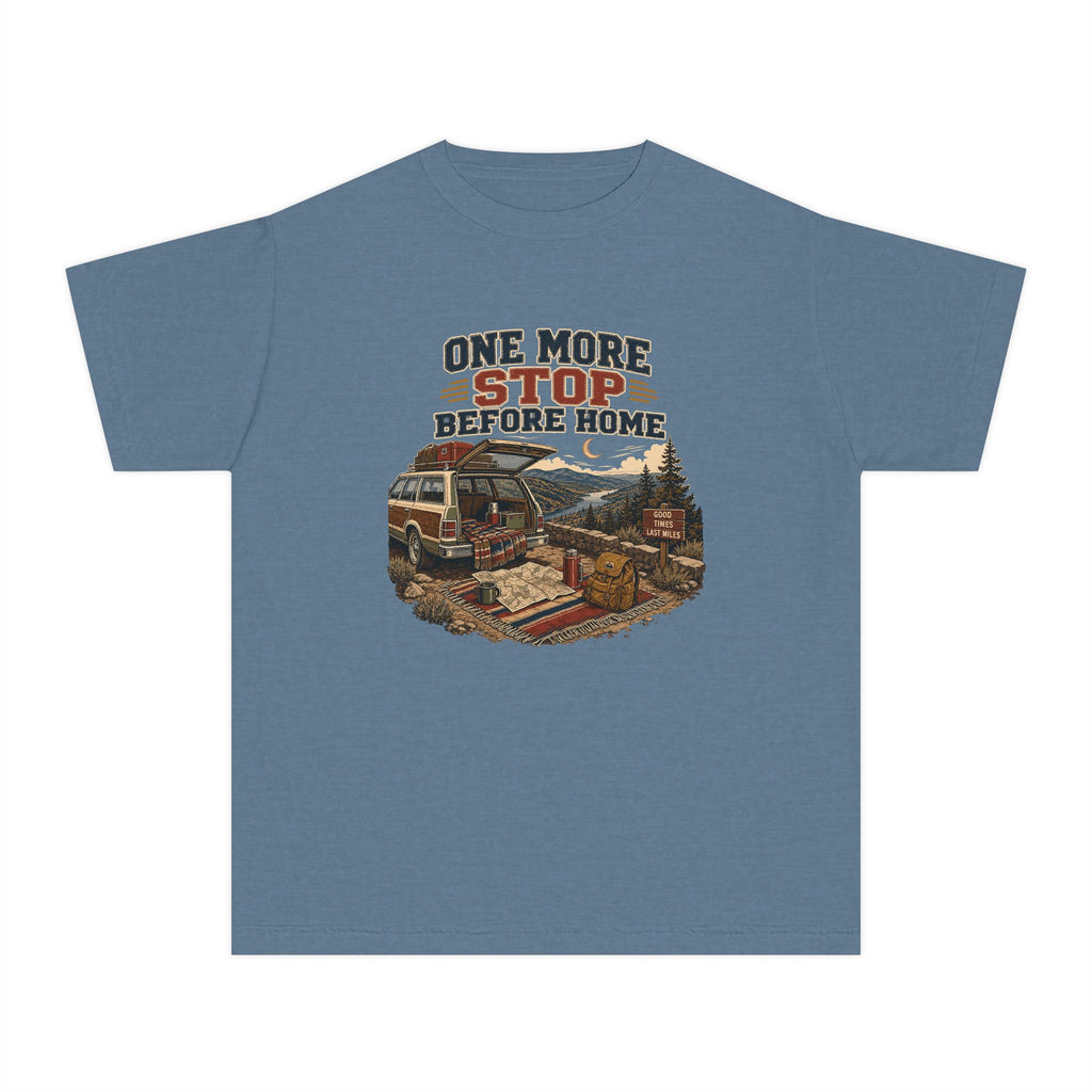 One More Stop Before Home Youth Tee – Kids' Comfort Colors Road Trip Shirt in Blue Jean – flat lay