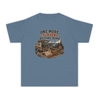 One More Stop Before Home Youth Tee – Kids' Comfort Colors Road Trip Shirt in Blue Jean – flat lay