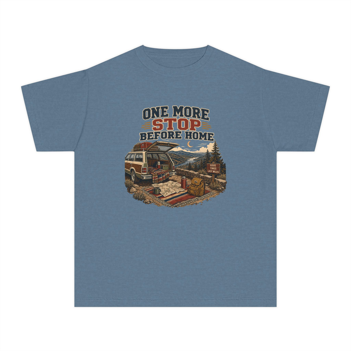 One More Stop Before Home Youth Tee – Kids' Comfort Colors Road Trip Shirt in Blue Jean – flat lay